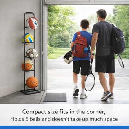 Vertical Ball Rack -basketball rack- Durable Carbon Steel Storage for Basketball, Soccer, Volleyball, and More - Easy to Assemble, Waterproof, Sturdy - 56.7" H - size: 5-Balls without Basket