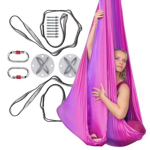 AyuHome Aerial Silks Yoga Swing Aerial Hammock Kit for Home | Premium aerial silks yoga swing kit with rigging hardware for aerial yoga, gymnastics, and home fitness - color: Aerial silk - Purple & Pink - New