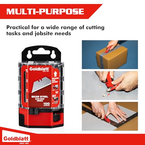 Goldblatt 100-Pack Utility Blades with Tempered SK2M Steel | Double-honed Edges Deliver Lasting Sharpness for Cutting Cardboard, Leather, Linoleum, Rope, and More, Dispenser Included