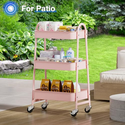 OLIXIS Metal 3 Tiers Rolling Storage Utility Cart with Lockable Wheels - color: Pink, size: 3-Tiered 17 inches