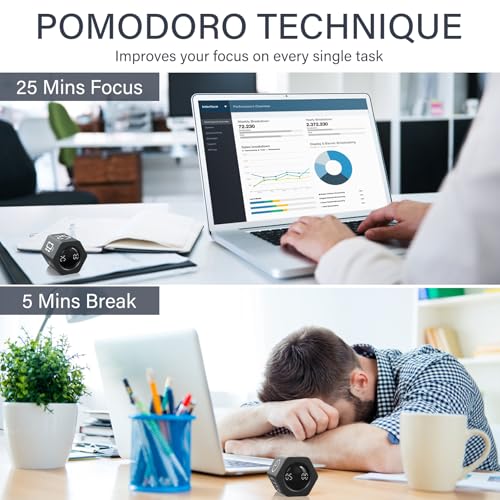 회전 생산성 타이머 5, 25, 10 30,60분 프리셋 스톱워치, 데스크 플립 생산성 타이머, ADHD 도구 육각형, 진동/음소거/알람, 직장, 공부, 개학, 주방, 블랙 - color: 블랙.
