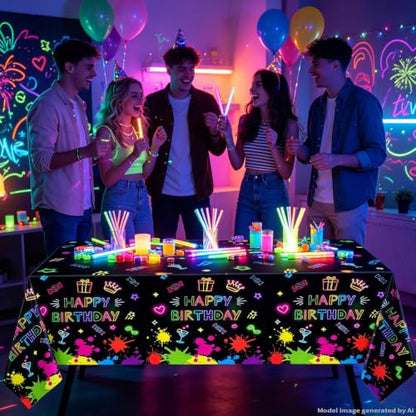 4 Pack Glow Party Table Covers Neon Tablecloths Disposable Plastic Neon Table Cloth Black Light Tablecloth Black Light Decorations Glow in The Dark Party Supplies Blacklight Decor 86 x 51 Inch