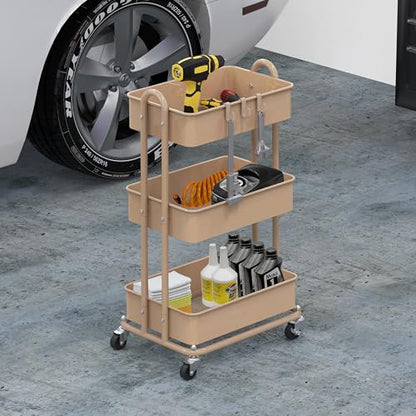 Simple Houseware 3-Tier Heavy Duty Metal Utility Rolling Cart, Khaki - color: Chrome