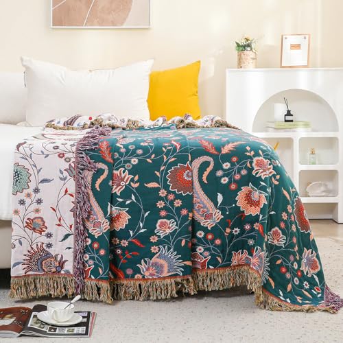 100% Cotton Boho Throw Blanket for Bed White Flowers 90"x98" - color: Cashews, size: 90"x98"