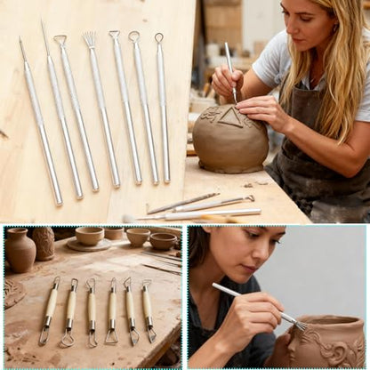 14 PCS Clay Pottery Sculpting Tools Set, Pottery Trimming Tools,Carving Art Polymer Clay Tools,with Needle Detail Tool and Feather Wire Texture for Ceramic Wax Carving