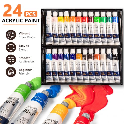 DJAR 49 Pcs Acrylic Paint Set with Tabletop Easel & Canvas, 24 Colors | Complete Art Supplies Kit with Canvas Panels, Brushes and Painting Pads, Painting Set for Kids, Beginners, Adults and artists - style: Tabletop Easel Set