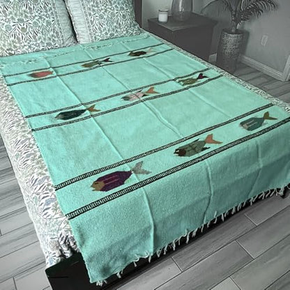 Open Road Goods Thick Mexican Yoga Blanket - Serape Fish Design - Handmade (Mint) - color: Mint