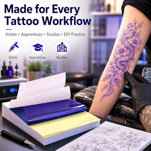 Tattoo Transfer Paper 50 Sheets A4 Size 4-Layer Tattoo Stencil Paper | For Thermal Copier & Hand Tracing, Professional Tattoo Tracing Transfer Paper for Artists, Studios, Apprentices & Beginners - size: A4 size/50 sheets