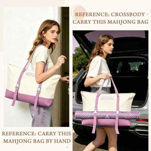 Mahjong Bag Storage Carrying Case for Tiles with Shoulder Strap (Pink) | 3-Bag System, External Mat Strap, Large Capacity, Lightweight Canvas, Reinforced Stitching, Fast Packing. - color: Pink