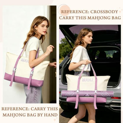 Mahjong Bag Storage Carrying Case for Tiles with Shoulder Strap (Pink) | 3-Bag System, External Mat Strap, Large Capacity, Lightweight Canvas, Reinforced Stitching, Fast Packing. - color: Pink