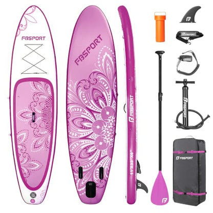 FBSPORT 11' Premium Stand Up Paddle Board, Yoga Board with SUP Accessories & Carry Bag | Wide Stance, Surf Control, Non-Slip Deck, Leash, Paddle and Pump for Youth & Adult - color: PurpleWhite
