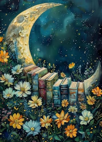 RYMILIE Diamond Art Kits for Adults Vintage Book and Moon 12x16inch | 5D Stress Relief Diamond Painting Kit for Beginners, DIY Full Round Drill Gem Art Crafts for Home Wall Decor Gift - color: DP04075