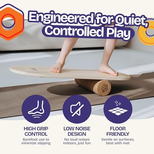 ComfyBumpy Balance Board for Kids with Cork Roller, 30" x 12" Wooden Balance Board, 4 Adjustable Levels, 400 lb Capacity, Progressive Balance Trainer for Kids, Parents & Family Play