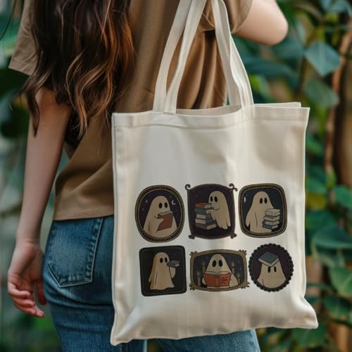 Canvas Bag for Women Grocery Shopping Travel Gym Weekender Vacation Womens Work Tote Bag Gifts - color: Retro Ghost Book