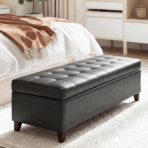 Joveco 51 Inch Storage Bench,Leather Tufted Storage Ottoman with Legs - color: 51", Dark Gray