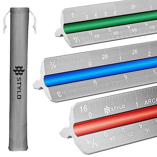 Stylo Architectural Scale Ruler, 12 Inch Aluminum, Grey Imperial | Laser Etched Triangular Drafting Scale, Color Coded Grooves, for Blueprints and Floor Plans, Cloth Pouch Included - color: Grey, size: 12 inch (Imperial)