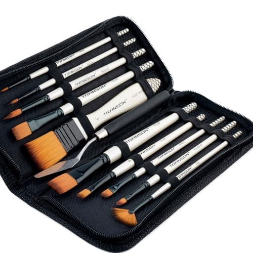 Transon Paint Brush Kit 10pcs Art Brushes and 1 Paint Spatula with Brush Case - color: White