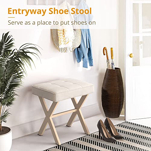 LUE BONA Square Linen Makeup Stool, Metal X Legs, Small Ottoman Stool Chair for Vanity, Modern Padded Seat Foot Rest for Makeup Room, Bathroom - color: Linen Color-sand Legs