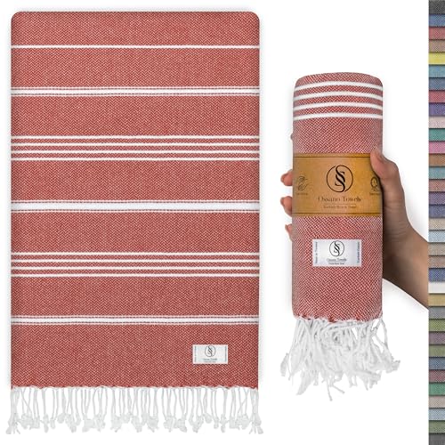 Ossano Turkish Beach Towel Striped & Soft Extra Large (39" x 71") - Quick Dry, Versatile and Functional as Yoga Mat, Gym, Outdoor and Shower Towel, Travel and Picnic Blanket - Red - color: Red