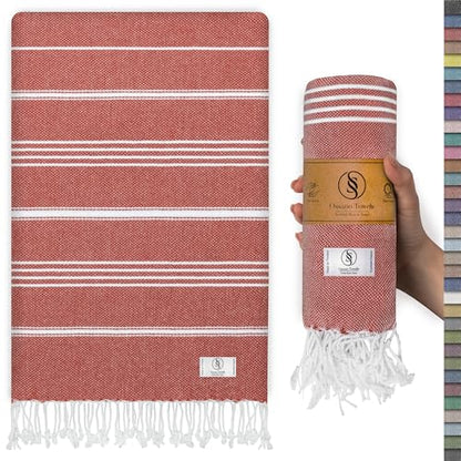 Ossano Turkish Beach Towel Striped & Soft Extra Large (39" x 71") - Quick Dry, Versatile and Functional as Yoga Mat, Gym, Outdoor and Shower Towel, Travel and Picnic Blanket - Red - color: Red