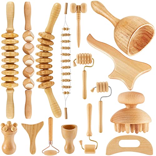 Boao 16-in-1 Wood Therapy Massage Tools Set, Lymphatic Drainage Massager | Maderoterapia Kit Therapy Tools, Body Sculpting, Muscle Pain Relief, Women Face Wood Roller Fascia Gift Spa Party Supplies