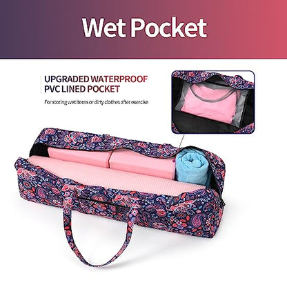 Boulder Bee | Yoga Mat Bag | Large Yoga Mat Carrier with Wet Pocket | Yoga Gifts | Gym Tote Bag for Women - color: Red and navy