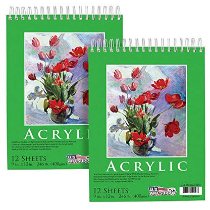 U.S. Art Supply 9x12 Premium Heavy-Weight Acrylic Painting Paper Pad, 246lb (400gsm), 2 Pack, 12 Sheets, Spiral Bound, for Acrylic Paint