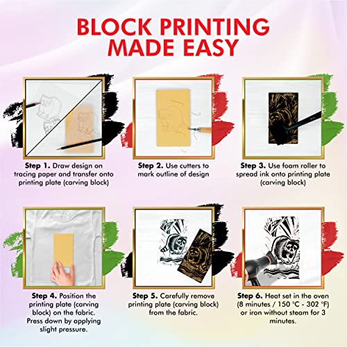 Marabu Block Printing Kit - Linocut with 3 x 100ml Ink, Cutter, Rubber Block, and Brayer Roller Linoleum Printmaking Kit, Starter 6pc Set, Multicolor