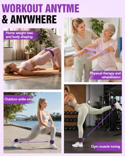 Resistance Bands Set – Resistance Band and Adjustable Ankle Exercise Bands with Cuffs Great Equipment for Training, Working Out, Yoga,Home Gym with Training Guidance & Carry Bag,Set of 8 - color: Purple