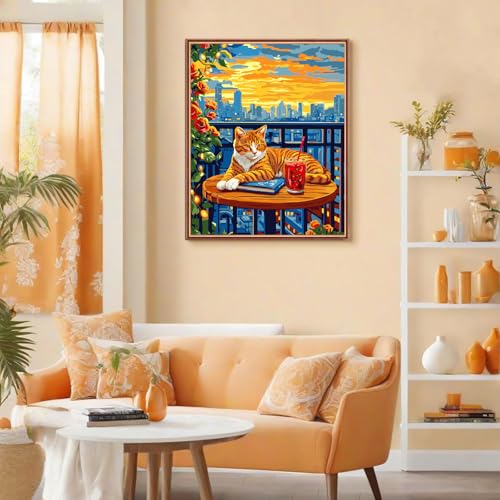 Cat Paint by Numbers Kit for Adults, City Sunset, Oil Painting 16x20 Inch | Paint by Numbers Kit for Adults, Cat on Balcony with City Sunset, DIY Oil Painting, Pre-Printed Canvas, 16x20 Inch - color: B3-Cat