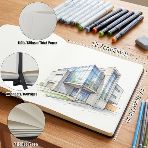 Hardcover Sketchbook 5×7 in, 180 GSM, 80 Sheets/160 Pages, Black | Acid-Free Heavy Paper, Pu Cover, Perforated Pages, Elastic Closure, Back Pocket, for Drawing & Sketching - size: 5×7 Inch (1 Pack)