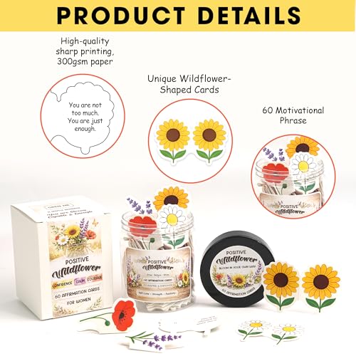 Positive Affirmation Cards for Women, Wildflower Jar with 60 Daily Card Set | Sunflower, Daisy, Lavender and Poppy Encouragement Gift for Mom, Sister or Friend, Birthday Stress Relief Desk Decor Gift Set - color: KAT-K - Positive WILDFLOWER JAR