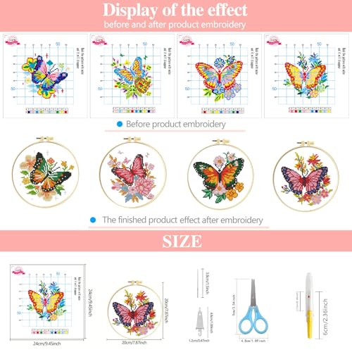 Zhenqing 4 Butterfly Floral Cross Stitch Kit, 11CT Printed Fabric with Hoop | 4 butterfly floral designs with 11CT printed fabric, floss, one hoop, tools and English guides. - color: 4 Butterfly Kit