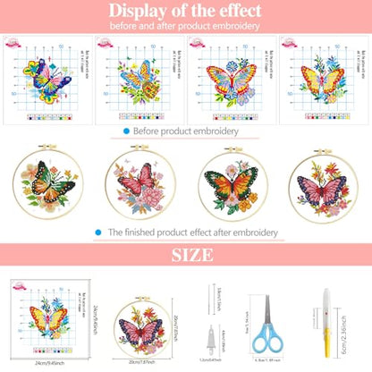 Zhenqing 4 Butterfly Floral Cross Stitch Kit, 11CT Printed Fabric with Hoop | 4 butterfly floral designs with 11CT printed fabric, floss, one hoop, tools and English guides. - color: 4 Butterfly Kit