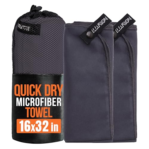 illusion Small Microfiber Gym Towels for Men and Women Active Sports (32" L x 16''W)-Lightweight Quick Dry Gym Towel for Sweat-Workout Towels Ideal for Yoga, Camping, Running, and Outdoor Activities - color: Dark Grey, size: 32x16 in - Pack of 2