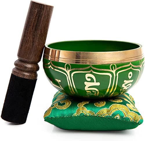Tibetan Singing Bowl Set - Authentic Handcrafted Mindfulness Meditation Holistic Sound 7 Chakra Healing by Himalayan Bazaar (Emerald) - color: Emerald Green