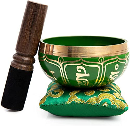 Tibetan Singing Bowl Set - Authentic Handcrafted Mindfulness Meditation Holistic Sound 7 Chakra Healing by Himalayan Bazaar (Emerald) - color: Emerald Green