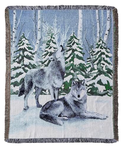 Lodge Wolf Woven Tapestry Throw Blanket 50 X 60 Inches | Wall Hanging Art, Handicrafts Jacquard, Multipurpose Soft Travel Mat, Outdoor with Fringe Tassels - color: Wolves