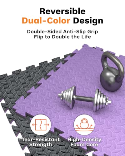 AIRHOP Upgraded 0.79" Extra Thick 48 Sq Ft High-Density Eva Foam Exercise Gym Mats, 12 Pcs Large Interlocking Puzzle Floor Tiles (24"x24") for Home Gym - color: Black/Purple