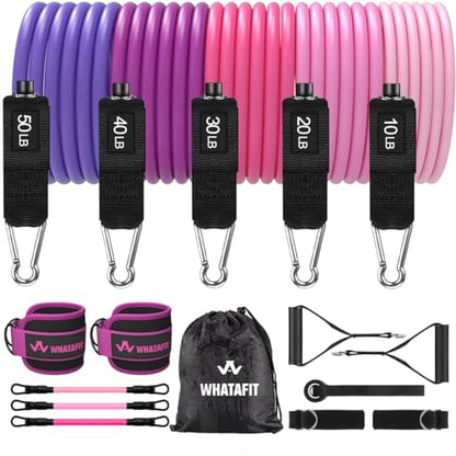WHATAFIT Resistance Bands with Handles, 5-Level Exercise Bands for Workout - color: Pink Purple-Ankle