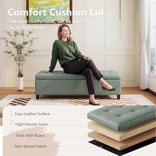 Joveco 51 Inch Storage Bench,Leather Tufted Storage Ottoman with Legs - color: 51", Gray Green