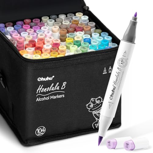 Ohuhu Alcohol Markers 104 Colors Brush& Fine for Artist Adult Cozy Coloring | AP Certified Refillable Art Marker Set, Dual Tips Alcohol-based for Beginners Drawing Illustration Sketching, Honolulu B - style: Brush & Fine