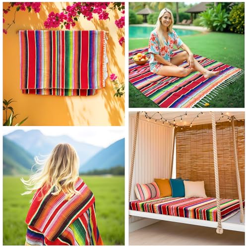 OurWarm 84x59 Inch Mexican Blanket, Mexican Tablecloth for Party Decor, Red | Striped Tablecloth with Tassels, Rectangle Mexican Blankets and Throws, Outdoor Blanket for Yoga, Beach, Camping, Picnic