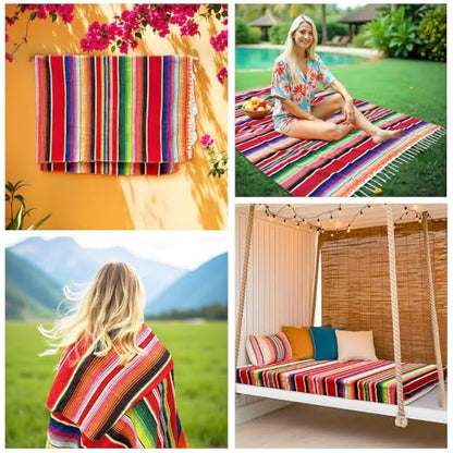 OurWarm 84x59 Inch Mexican Blanket, Mexican Tablecloth for Party Decor, Red | Striped Tablecloth with Tassels, Rectangle Mexican Blankets and Throws, Outdoor Blanket for Yoga, Beach, Camping, Picnic