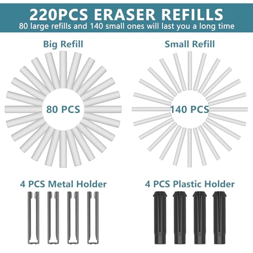 Electric Eraser, Battery Operated Pencil Eraser with 220 Refills | 2 Eraser Sizes, Comfort Grip Electric Eraser for Drawing, Art Erasers for Artists, Students, Sketch & Engineers, Black
