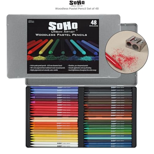 Soho Urban Artist Woodless Pastel Pencils - Set of 48, Professional Artist-Grade, 40% More Pastel, Water-Soluble, Pre-Sharpened, Easy Blending, 6.93mm Barrel, Clear Lacquered - size: 1 Count (Pack of 1)