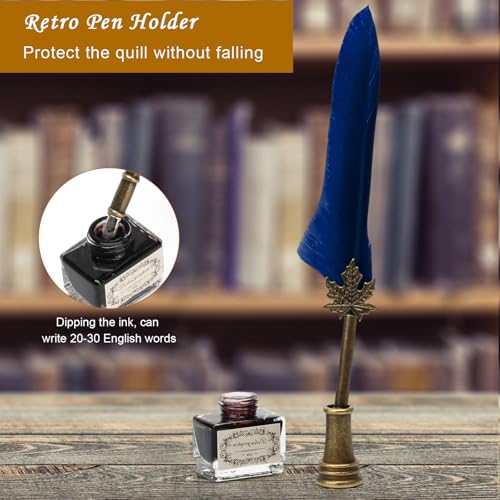 AHIER Quill Pen and Ink Set, Feather Pen Quill Pen Set Includes 5 Steel Replacement Nibs,Pen Nib Base and Dip Ink Bottle for Antique Calligraphy (Blue) - color: Blue