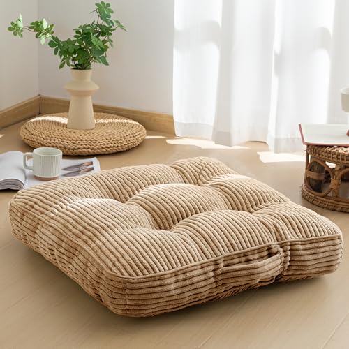 HIGOGOGO Floor Pillow Cushion for Adults, Meditation Cushion Pillow, Large Square Floor Sitting, Tufted Corduroy Cover, for Tatami Living Room or Yoga, 22x22 Inch, Coffee - color: Square Coffee, size: 4" Thick(Pack of 1)