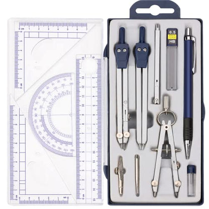 13 Pieces Geometry Set Compass Geometry Tools Math Compass and Protractors Metal Precision Drafting Kit with Storage Box Rulers Pencils Technical Drawing, Engineering & Architecture - color: Blue