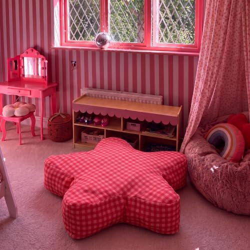 35 Inch Pink Star Floor Pillow, Oversized Plaid Cushion for Bedroom | 8 Inch Thick Polyester Fill, Machine Washable, Cozy Reading Nook Seat, Dorm Room Lounge Accent, Plush Support for Relaxing